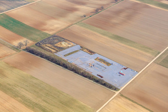 Aerial photograpy of Construction site for test drilling for geothermal energy in Rülzheim in the state Rhineland-Palatinate, Germany
