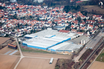 Aerial view of Warehouse complex-building in the industrial area TRANSAC Intern. Speditionsgesellschaft mbH in Ruelzheim in the state Rhineland-Palatinate