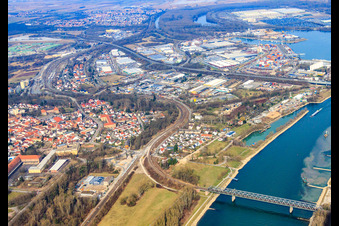 Aerial view of Germersheim Rhine bridges in Germersheim in the state Rhineland-Palatinate, Germany