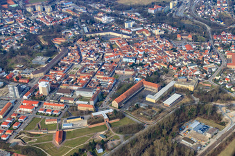 Aerial view of City Park Fronte Lamotte, Germersheim, Luitpoldplatz and Tournuser-Platz in Germersheim in the state Rhineland-Palatinate, Germany