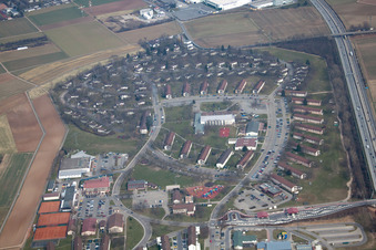 Former American barracks, now BAMF in the district Patrick Henry Village in Heidelberg in the state Baden-Wuerttemberg, Germany from the plane