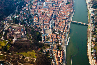 Old Town area of Heidelberg in the state Baden-Wurttemberg. In the picture as well the old ruins of the castle