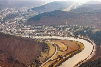 Aerial view of Neckar bend in Neckargemünd in the state Baden-Wuerttemberg, Germany
