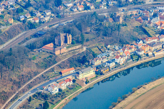 Aerial view of Middle castle and front castle from 1165 above the Neckar riverbank in Neckarsteinach in the state Hesse, Germany
