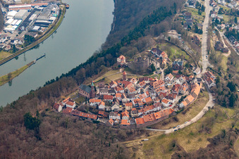 Aerial photograpy of Ruins and vestiges of the former castle and fortress Dilsberg in the district Dilsberg in Neckargemuend in the state Baden-Wurttemberg