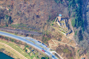 Aerial view of Hinterburg ruins above the railway tunnel in Neckarsteinach in the state Hesse, Germany