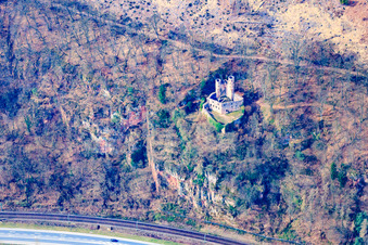 Oblique view of Schwalbennest Castle Ruins on the steep slope of the Neckar River in Neckarsteinach in the state Hesse, Germany