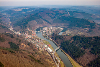 Aerial view of In the Neckar loop in the district Ersheim in Hirschhorn in the state Hesse, Germany