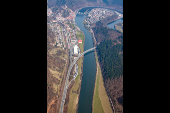 Aerial photograpy of In the Neckar loop in the district Ersheim in Hirschhorn in the state Hesse, Germany