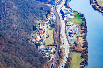 Uferstraße B45 on the banks of the Neckar with GELITA AG in Eberbach in the state Baden-Wuerttemberg, Germany