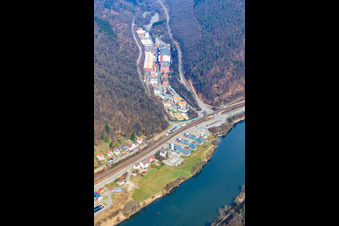 Aerial view of Gammersbache Street with Scherer Rp GmbH, Catalent Germany Eberbach GmbH and Gelita AG, plant in Eberbach in the state Baden-Wuerttemberg, Germany
