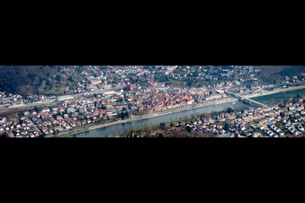 Panoramic perspective of Village on the banks of the area Neckar - river course in Eberbach in the state Baden-Wurttemberg