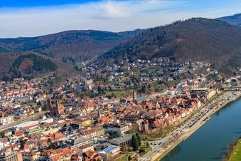 Aerial view of Old town on the banks of the Neckar from the west in Eberbach in the state Baden-Wuerttemberg, Germany