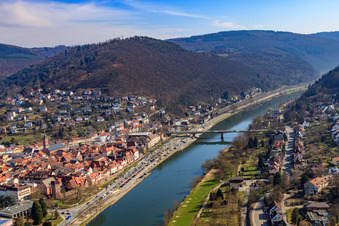 Aerial photograpy of Old town on the banks of the Neckar from the west in Eberbach in the state Baden-Wuerttemberg, Germany