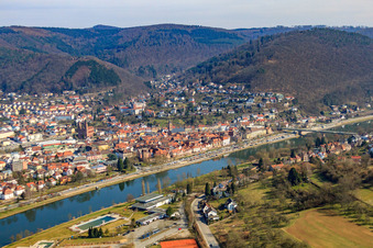 Oblique view of Old town on the banks of the Neckar from the west in Eberbach in the state Baden-Wuerttemberg, Germany