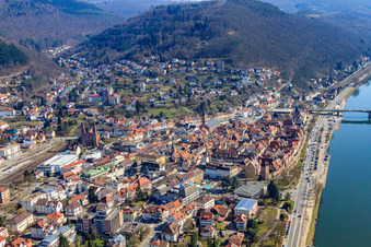 Old town on the banks of the Neckar with Uferstraße from the northwest in Eberbach in the state Baden-Wuerttemberg, Germany