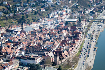 Aerial photograpy of Village on the banks of the area Neckar - river course in Eberbach in the state Baden-Wurttemberg
