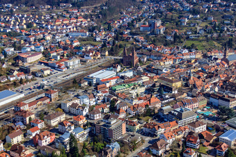 Old town at the train station with the church of St. John Nepomuk from the northwest in Eberbach in the state Baden-Wuerttemberg, Germany