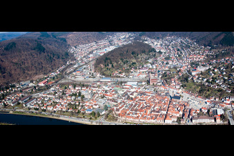 Aerial view of Panoramic perspective of Village on the banks of the area Neckar - river course in Eberbach in the state Baden-Wurttemberg