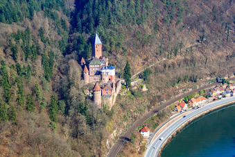 Aerial view of Castle Zwingenberg above the Neckar from the west in Zwingenberg in the state Baden-Wuerttemberg, Germany