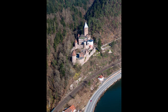 Aerial photograpy of Castle of Zwingenberg above the Neckar in Zwingenberg in the state Baden-Wurttemberg, Germany