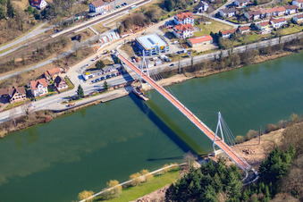 Aerial view of Nekar Bridge Zwingenberg in Zwingenberg in the state Baden-Wuerttemberg, Germany