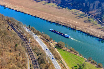 Gravel barge on the Neckar in Neckargerach in the state Baden-Wuerttemberg, Germany