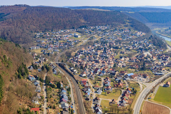 View of the town from the northwest in Neckargerach in the state Baden-Wuerttemberg, Germany