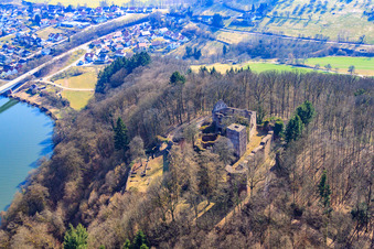 Aerial view of Minneburg Castle Ruins in the district Neckarkatzenbach in Neunkirchen in the state Baden-Wuerttemberg, Germany