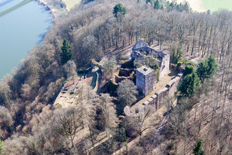 Ruins and remains of the walls of the former castle and fortress Minneburg above the Neckar in the district Neckarkatzenbach in Neunkirchen in the state Baden-Wuerttemberg, Germany