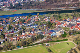 Aerial view of Village on the Neckar from the south in the district Guttenbach in Neckargerach in the state Baden-Wuerttemberg, Germany