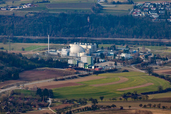 Aerial view of Building the decommissioned reactor units and systems of the NPP - NPP nuclear power plant EnBW Kernkraft GmbH, Kernkraftwerk Obrigheim in Obrigheim in the state Baden-Wurttemberg, Germany