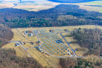 Aerial view of PV solar system on a conversion site in the district Obergimpern in Bad Rappenau in the state Baden-Wuerttemberg, Germany