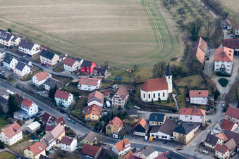 Aerial view of Church building in the village of in the district Obergimpern in Bad Rappenau in the state Baden-Wurttemberg, Germany