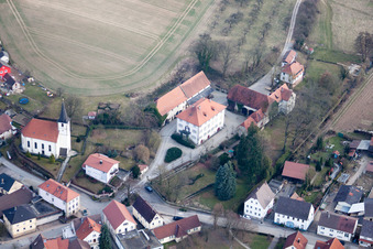 Aerial view of Castle and Chapel in the district Obergimpern in Bad Rappenau in the state Baden-Wuerttemberg, Germany