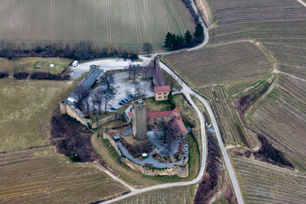 Castle of the fortress Ravensburg with restaurant in Sulzfeld in the state Baden-Wurttemberg, Germany from above