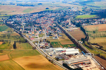 View of the village in Kraichgau on the Saalbach from the south in Gondelsheim in the state Baden-Wuerttemberg, Germany