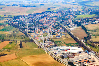 Aerial view of View of the village in Kraichgau on the Saalbach from the south in Gondelsheim in the state Baden-Wuerttemberg, Germany