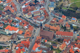 Bahnhofstraße and market square at Walzbach in Weingarten in the state Baden-Wuerttemberg, Germany
