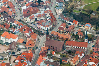 Oblique view of Buildings of the evangelic church and of the catholic church St. Michael Weingarten, in Weingarten in the state Baden-Wurttemberg, Germany