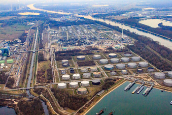 Aerial view of Oil port and MIRO refinery on the Rhine in the district Knielingen in Karlsruhe in the state Baden-Wuerttemberg, Germany