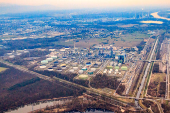 Aerial view of MIRO refinery on the Rhine in the district Knielingen in Karlsruhe in the state Baden-Wuerttemberg, Germany