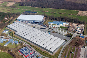 New building construction site in the industrial park Horst for Friedrich Zufall GmbH & Co. KG Internationale Spedition in the district Gewerbegebiet Horst in Kandel in the state Rhineland-Palatinate, Germany from the plane