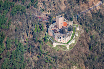 Aerial view of Ruins and vestiges of the former castle and fortress Burg Landeck in Klingenmuenster in the state Rhineland-Palatinate, Germany