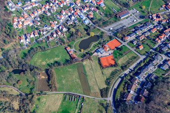 Aerial view of Diving group Klingenmünster at Klingbachweiher and Tennis Club Klingenmünster in Klingenmünster in the state Rhineland-Palatinate, Germany