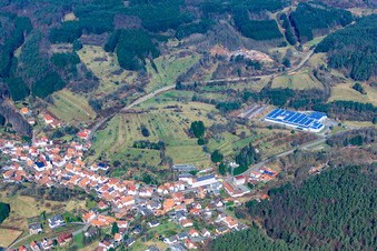 Aerial view of Dimbachtal before Dorf in the Palatinate Forest from the east in Schwanheim in the state Rhineland-Palatinate, Germany