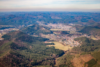 Erfweiler and Dahn from the east in Dahn in the state Rhineland-Palatinate, Germany