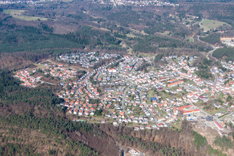 Aerial view of Town View of the streets and houses of the residential areas in Lemberg in the state Rhineland-Palatinate, Germany