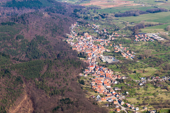 Aerial photograpy of Village - view on the edge of agricultural fields and farmland in Saint-Jean-Saverne in Grand Est, France