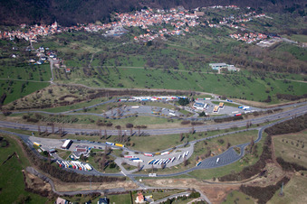 Aerial view of Motorway service area on the edge of the course of A4 highway Aire de Service AVIA de Saverne-Eckartswiller in Eckartswiller in Grand Est, France